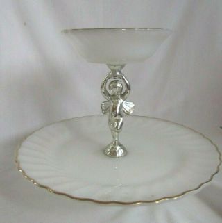 Fire King Gold Trim White Swirl 2 Tier Snack Plate And Bowl Very Rare