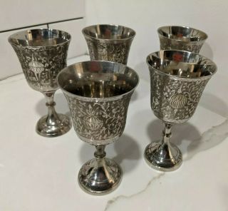 Chalice Goblet Etched Silver Plate/brass World Gift Z.  Y.  India 6 " X 3 " Set Of 5