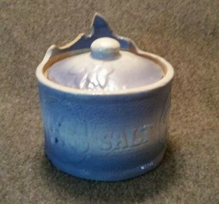 Antique Stoneware Salt Box/crock With Lid - Blue And White Salt Glaze