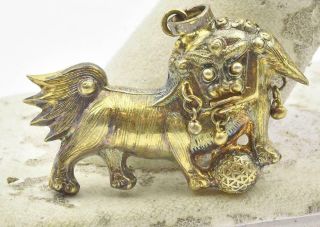 Antique Solid Silver Chinese Export Style Gold Plated Lion Pendant Circa 1945