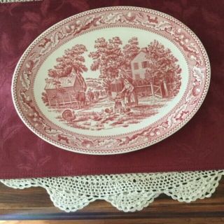Vintage Red And White Dinner Platter With Farm Scene
