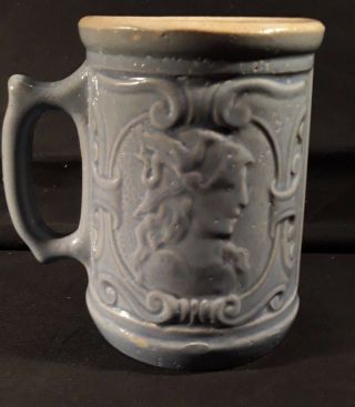 Antique Salt Glazed Stein Stoneware Mug Blue - Grey Cameo Medallion Man Woman