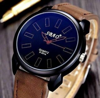 Sbao Men 45mm Army Sport Analog Quartz Steel Case Pu Leather Wrist Watch
