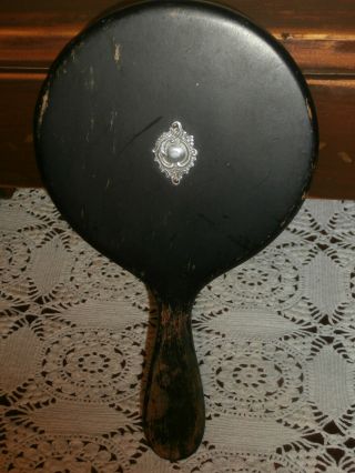 Antique Round Wood Hand Mirror 1800 