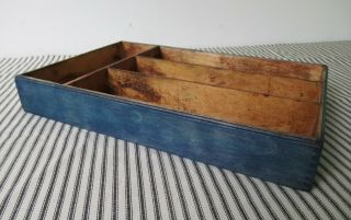 Antique Cutlery Box,  Wood,  Vintage Primitive Four Sections,  Blue Paint