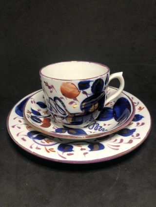 Antique Gaudy Welsh Tea Cup Saucer And Plate Trio Set Blue Pink Red 12r
