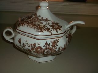 Vintage Large Brown & Ivory Floral Soup Tureen With Ladle