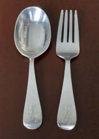 Antique Sterling Manchester Silver Co.  Baby Child Fork Spoon Feeding Set Mono