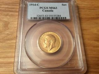 Very Rare 1914 - C Canada Full Gold Uncirculated Sovereign Pcgs Ms63