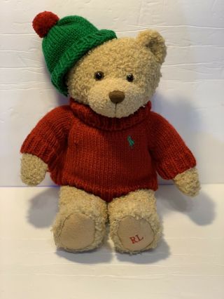 Vintage Polo Ralph Lauren Teddy Bear Brown Plush 2006 Red Green Knit Sweater