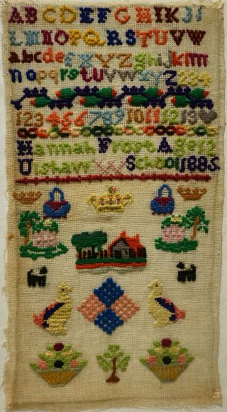Late 19th Century Motif & Alphabet School Sampler By Hannah Frost Aged 12 - 1885