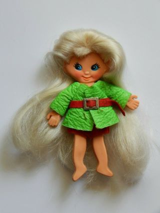 Vintage 1969 Ideal Flatsy Doll Blonde Hair Green Dress 5 " Toy Made In Hong Kong