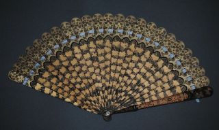 Rare Antique Chinese Export Gold Red Lacquer Hand Painted Grape Leaf Brise Fan