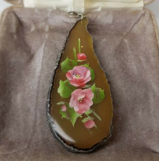 Rare Vintage Hand Painted Pink Flower Crystal Pendant Gift Costume Jewellery