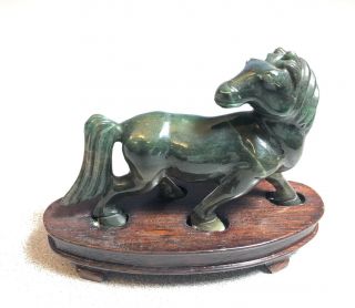Vintage Chinese Carved Dark Green Jade Sitting Horse With Wood Stand