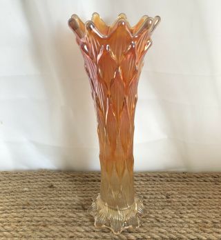 Antique Dugan Lined Lattice Marigold Carnival Swung Glass Vase Rare 9 - 3/4” Tall
