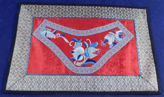 Antique Chinese Red Silk Blue Forbidden Stitch Embroidery Robe Trim Fabric Vtg