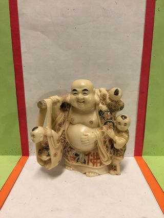 Very Old Signed Chinese Carved And Hand Painted Buddha With Children Statue.
