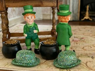 Vintage Miniature Dollhouse 1:12 Group St.  Patricks Day Leprechauns,  Gold,  Hats