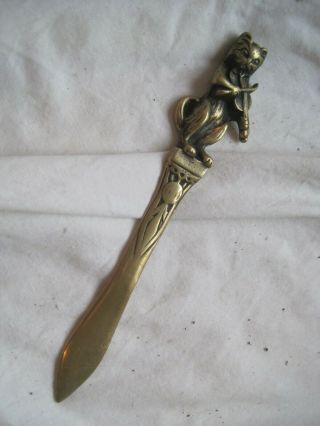 Rare Vintage Solid Brass Letter Opener With Cat And The Fiddle Antique Novelty