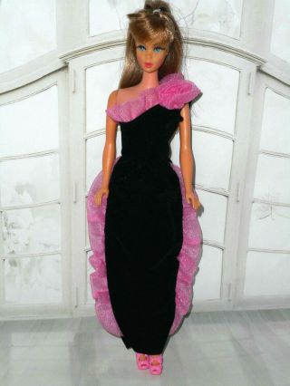 Vintage Barbie Clone Black Velveteen Evening Dress Pink Ruffle Rosette,  Shoes