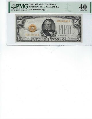 1928 $50 Gold Certificate Fr2404 Pmg 40 Xf Woods/mellon,  Rare Find