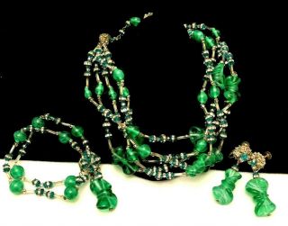 Rare Vintage Signed Miriam Haskell Green Glass Necklace Bracelet Earring Set A42