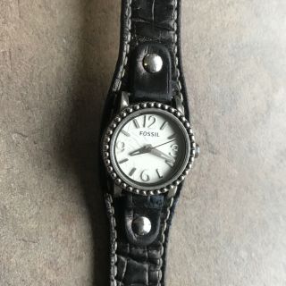 Fossil Women’s Watch Jr1177 Silver Tone With Black Leather Strap Bin H