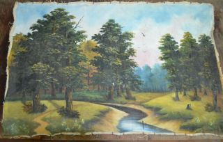 Vintage Mid Century Watercolor Painting Of Landscape Tree Stream