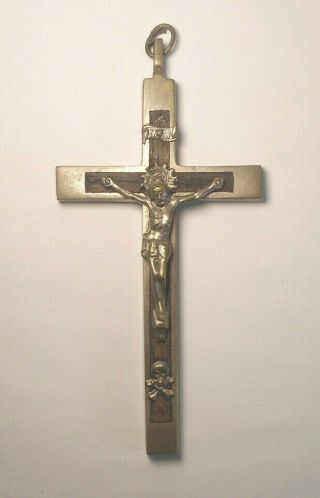 Antique Pectoral Priest/nun Crucifix Cross 4 " - Inlaid Ebony - Skull & Crossbones