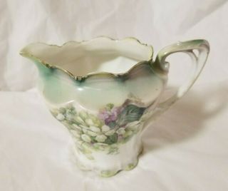 Antique R.  S.  Prussia China Creamer Green/ White Flowers Gold Trim Red Mark Euc