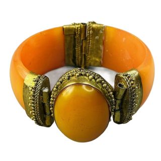 Bracelet Ornate Orange Plastic Antique Gold Cabochon Art Deco Style Vintage