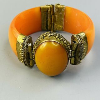 Bracelet Ornate Orange Plastic Antique Gold Cabochon Art Deco Style Vintage 2