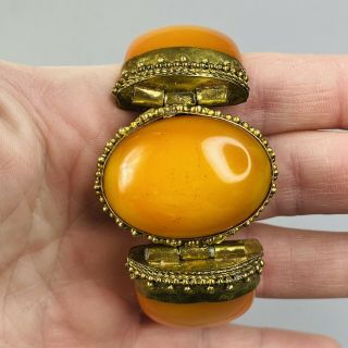Bracelet Ornate Orange Plastic Antique Gold Cabochon Art Deco Style Vintage 3
