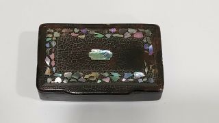 Antique Black Papier Mache Snuff Box Inlaid W/ Mother Of Pearl