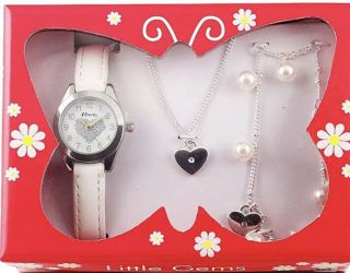 Little Gems White Children’s Girls Watch With Heart Necklace Jewellery Set