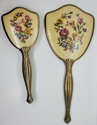 Antique Hand Held Mirror Vintage Victorian Violets Roses Floral