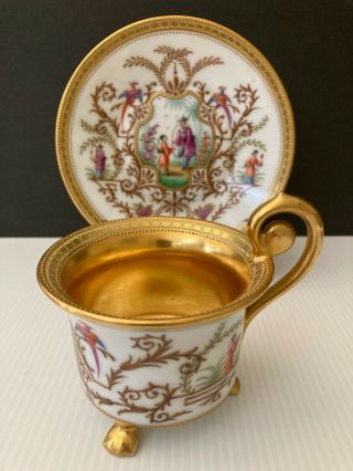Dresden Lamm Antique Hand Painted Rare Gold Footed Cup And Saucer