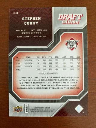 Stephen Curry 2009 - 10 Upper Deck Draft Edition Rookie 34 Rare Warriors MVP UD 2