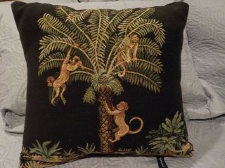 Vintage Ashford Court Woven Tapestry Pillow Monkeys In Palm Tree 16 "