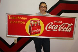 Rare Large Vintage 1936 Coca Cola Soda Pop Take A Carton 54 " Embossed Metal Sign