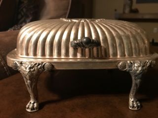 F.  B.  Rogers Vintage Silver Plate Footed Butter Dish Roll Top Lion Embellishment