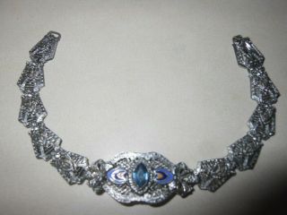 Estate,  Antique,  Art Deco Silver Filigree Enamel Bracelet,  Blue Stone,  Lovely
