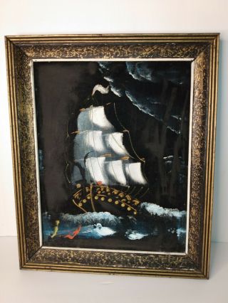 Vintage Tall Ship On Black Velvet Canvas And Wood Frame L=16 1/2 W=13 1/2
