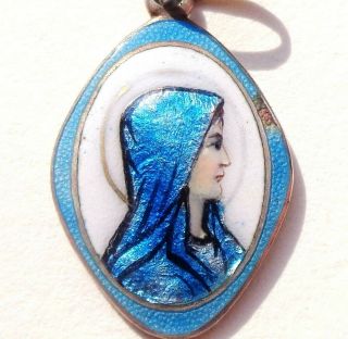 Antique Silver,  Porcelain & Enamel Medal Pendant To Holy Mary Of Lourdes