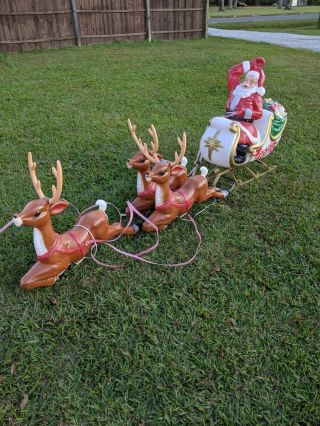 Rare General Foam 35 " 3 Reindeer Lighted Blow Mold Pulling Santa On His Sleigh