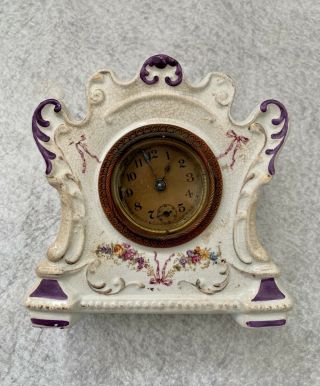 Antique 1900 W.  M.  L.  Gilbert Wind Up Mantel Clock - Poppy Floral Porcelain Case