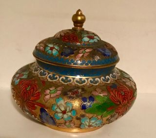 Rare Vintage Blue Cloisonne Ginger Jar Vase Gold Pull Lid Asian Incense