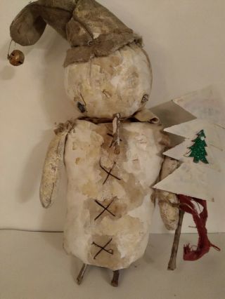 Primitive Snowman Doll W/cardboard Xmas Tree 16 1/2 "