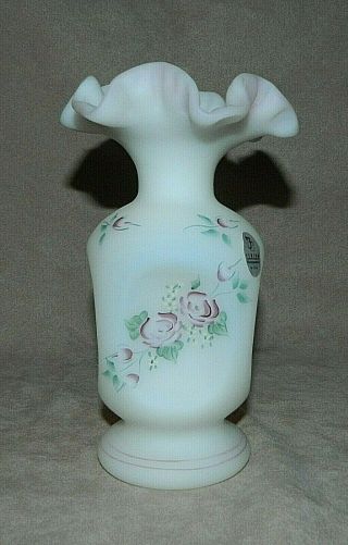 Vtg Rare Unique Design Fenton Satin Milk Glass - Hand Painted Floral - Ruffle Rim